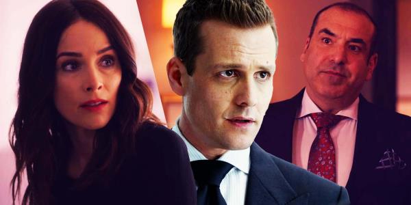 Abigail Spencer as Dana Scott, Gabriel Macht as Harvey Specter, and Rick Hoffman as Louis Litt in Suits
