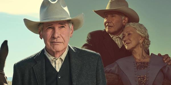 A composite image of Jacob and Cara Dutton from 1923 season 1