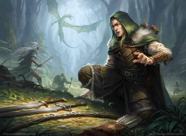 An adventurer choosing a weapon while a dragon prepares to strike in the background.